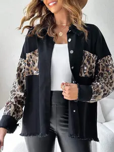 Women's Denim Leopard Sequin Shirt Jacket Coats, Long Sleeves, Vintage Cool Casual Statement Style, Fringe Design, Perfect for Streetwear, Daily Wear, Parties