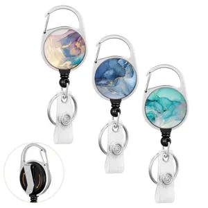 Gilded Marble Pattern Badge Reel Holder, 1 Count Retractable Keychain, ID Clip for Key Card Name Tag, Rotate Belt Clip for Nurse Work Office