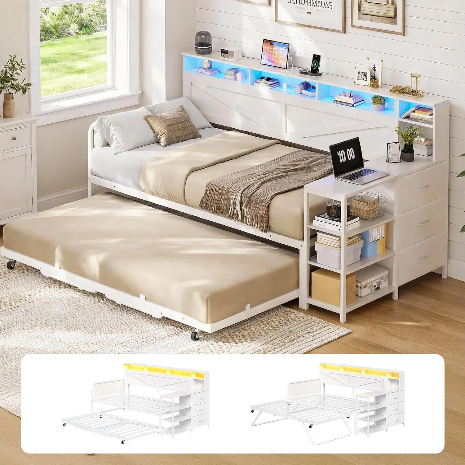 [SummerSale] Sikaic Daybed with Pop Up Trundle, Farmhouse Day Bed with 3 Storage Drawers and Charging Station, Twin to King Daybed Frame with Shelves and LED Lights for Bedroom, Home Furniture, Dorm Essentials