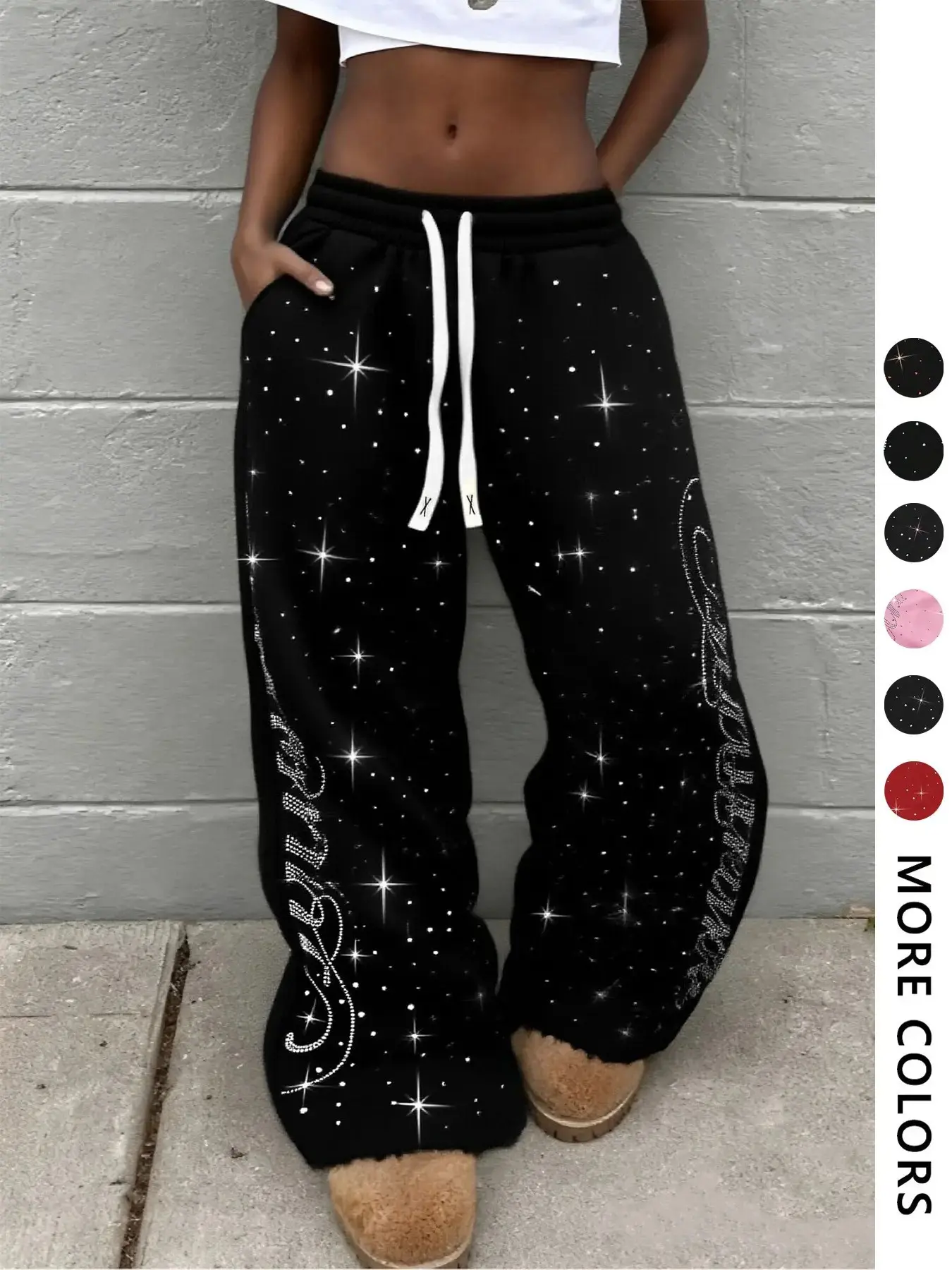 Unisex Rhinestone Skinny Fit Casual Pants, Casual Sporty Trousers, Shiny Diamond Decor, Star Letter Design, Fashion Street Style, Multiple Colors Available, Casual Fashion Bottoms