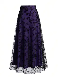 Women's High Waist Tulle Embroidered Midi Skirt Floral Mesh Overlay A-Line Flowy Long Skirt Elegant Fairycore Romantic Dark Academia Vintage Wedding Guest Party Evening Outfits Spring Summer Womenswear Formal Fashion Skirt