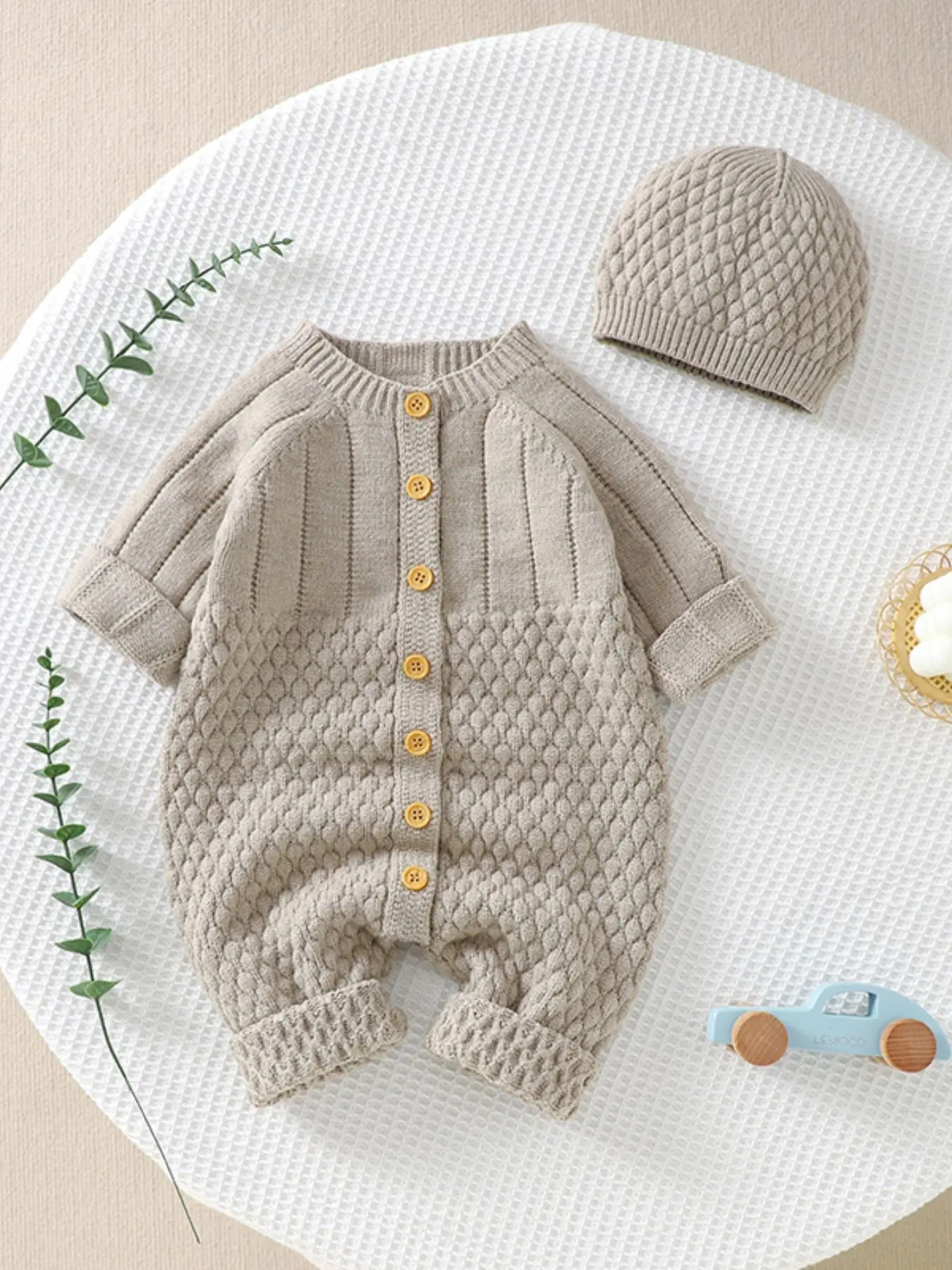 Baby's 2pcs Solid Long Sleeve Button Front Sweater Onesie & Beanie Hat, Cute Cozy Raglan Sleeve Round Neck One-piece Knitwear Set, Newborn Infant Kid's Clothes Fall & Winter Clothing Gifts