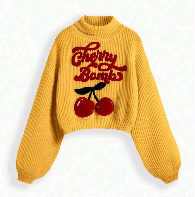 Collegiate Cherry Sweater Yellow Color Long Sleeves Ribbed Design Featuring Cherry Blossom Graphic Tops & Casual Crewneck Knitwear - Comfort