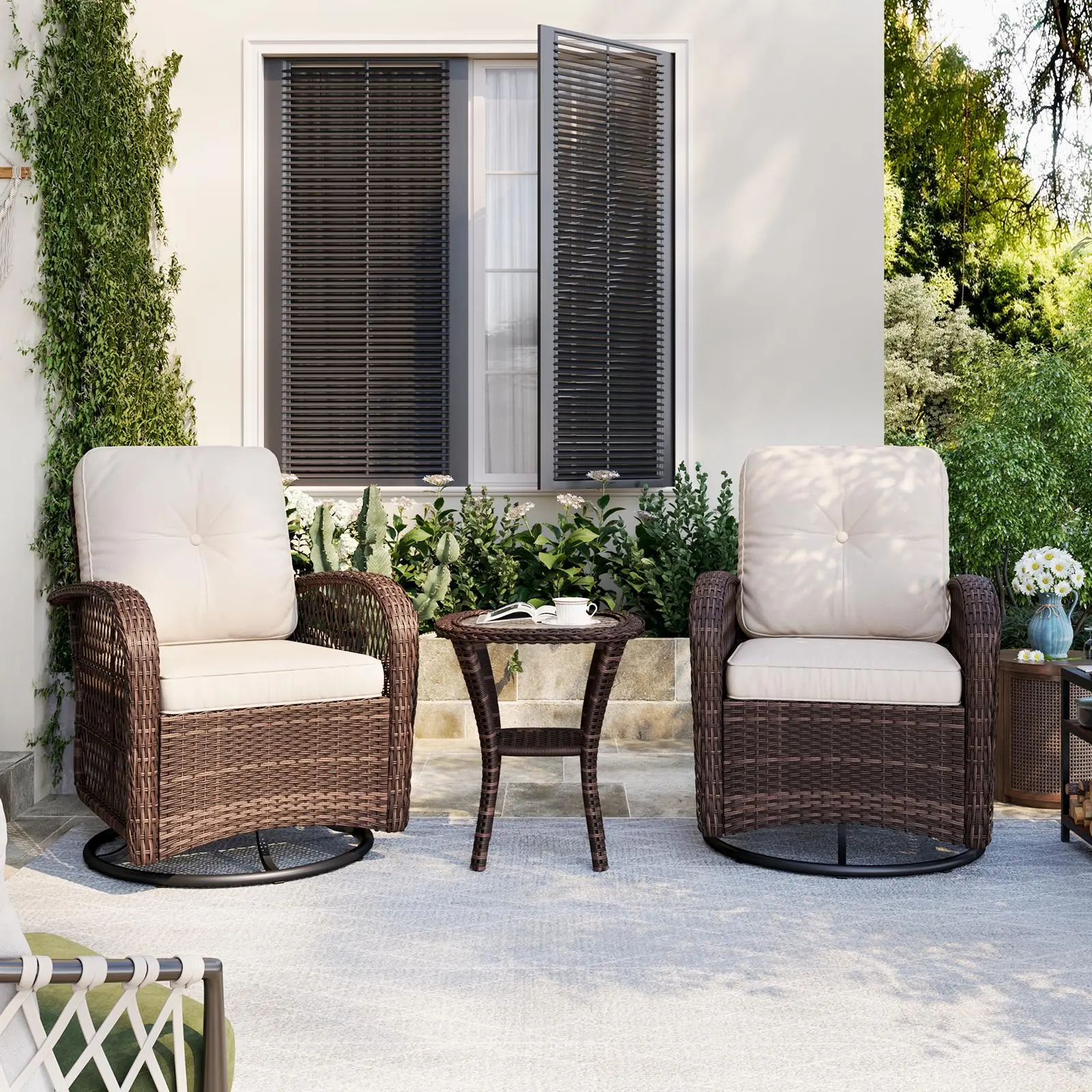 Rocking Chair 3-piece Waterproof Rattan Outdoor Patio Furniture for Porch - Swivel Rocker Chairs with Thick Cushions, Side Table, Patio Conversation Set for Porch, Garden, Out Door Patio Furniture Sets,home decor,camping essentials lawn adjustable anti