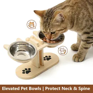 Wooden Cat Bowl Stand with Stainless Steel Bowls, Neck-Protection Raised Design, Detachable, Durable & Stylish Multi-Bowl Feeder for Pet Cats