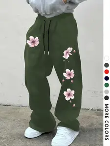 Men's Casual Floral Print Sweatpants, Drawstring Elastic Loose-Fit Wide Leg Trouser, All-Season Comfortable Men's Clothing for Daily Wear