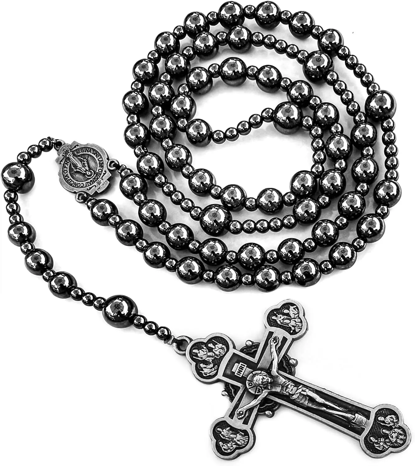 Large Heavy Rosary,Hematite rosary beads catholic for men and women,Rosary Necklace for men with Virgin Mary medal & cross,Handmade of rosarios catolicos Cross Necklace Catholic Gifts