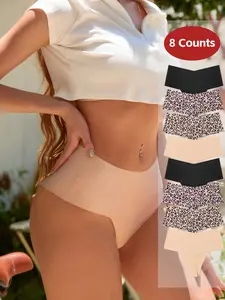 Women's V-Shape Elastic Thong Panties, Leopard Print High Waist Underwear, Casual Fitted Design Style for All Seasons, Pack of 8