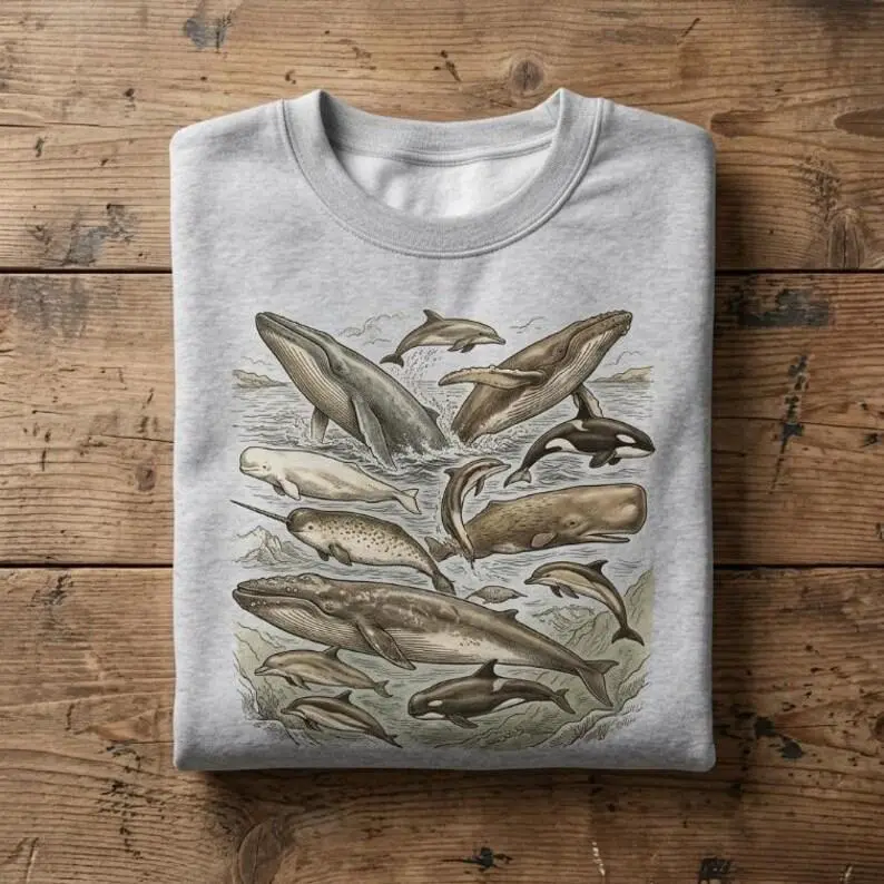 Vintage Whale Shirt Ocean Life Sweatshirt Aesthetic Marine Biology Hoodie Unisex Graphic Tee Orca Dolphin Lover Gift