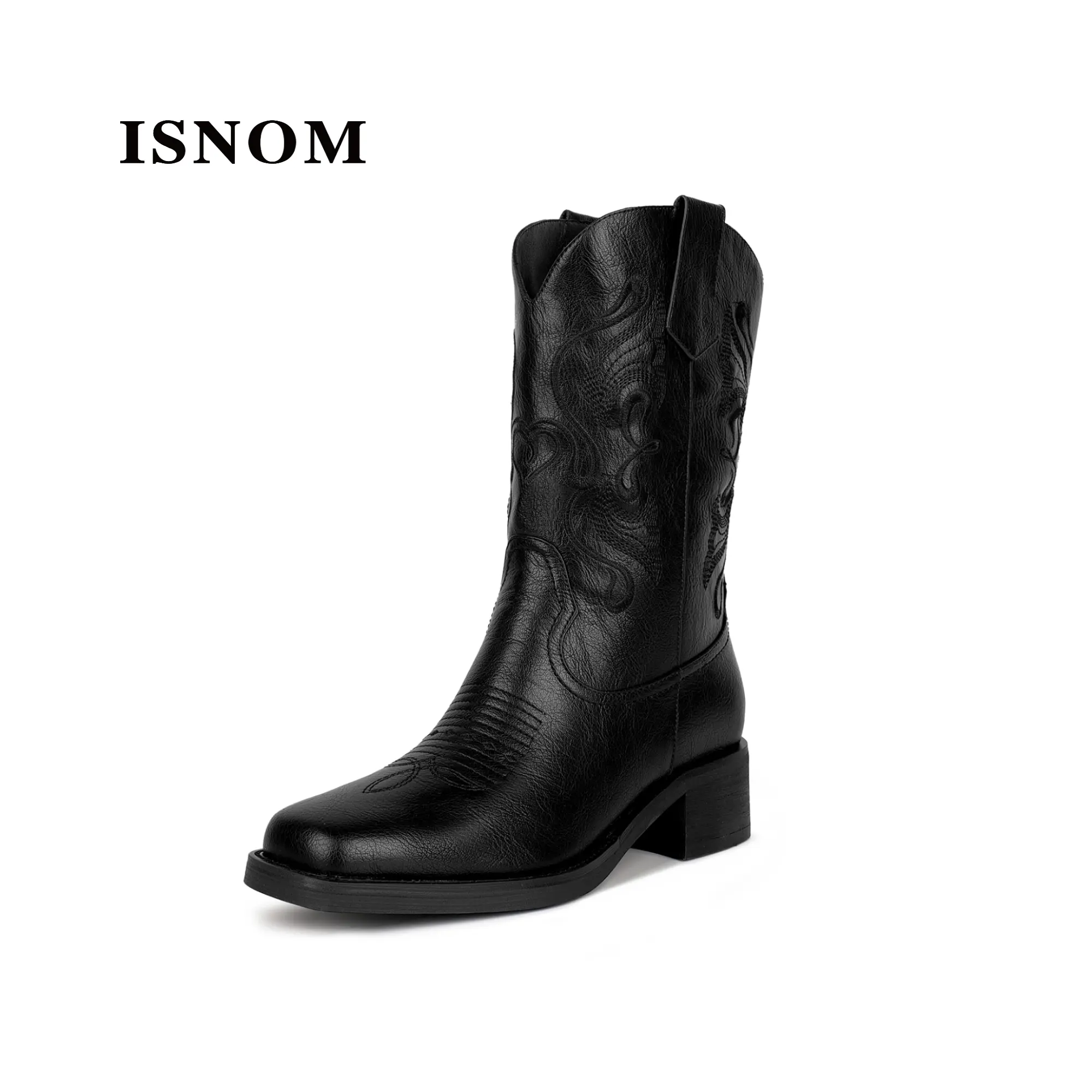 ISNOM Cowboy Cowgirl Boots for Women Mid Calf Square Toe Comfortable Chunky Low Heeled Slip on Western Embroidery Boots for Country Concert Dancing Wedding Traveling Daily Outfits Walking Shoes Footwear #WeeklyDeals#SummerVibes #outdoorfun