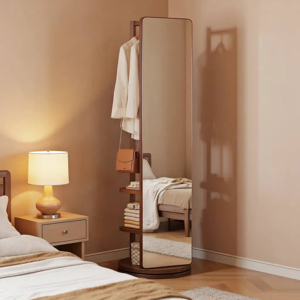 Solid Wood Swivel Full-Length Floor Mirror with Coat Rack - Freestanding Floor Mirrors with Stand, 69"x16" Durable Home Decorative Accessory, Indoor Furniture for Bedroom & Living Room, New Year Gift, Floor Mirror With Stand