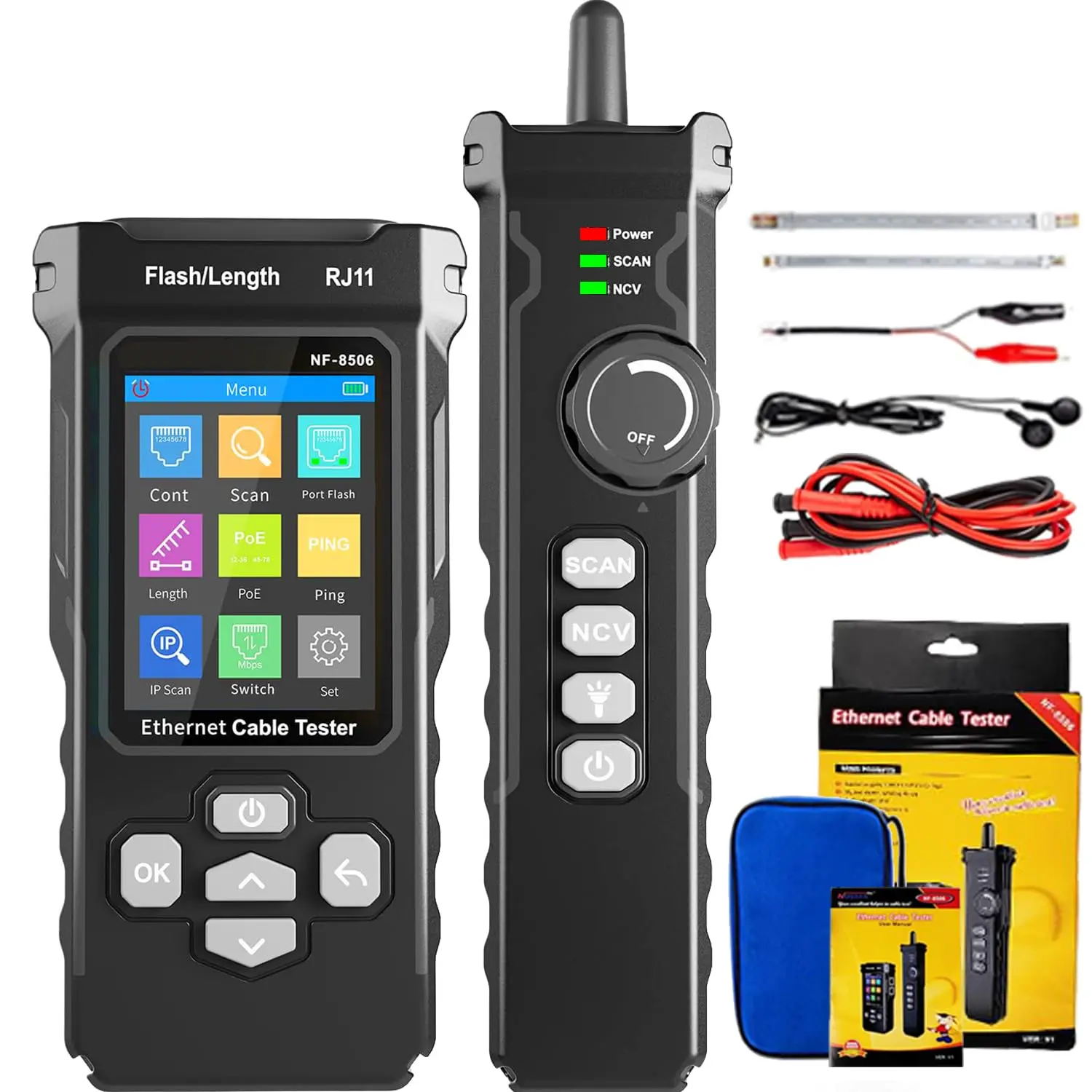 NF-8506 Network Cable Tester and Tracker with IP Scanne Network Rate Test,PING/CAT5 CAT6/TDR Multifunction Network Tester Cable Toner for RJ11 RJ45 LAN Ethernet POE Cable Tester Telephone Cable Finder