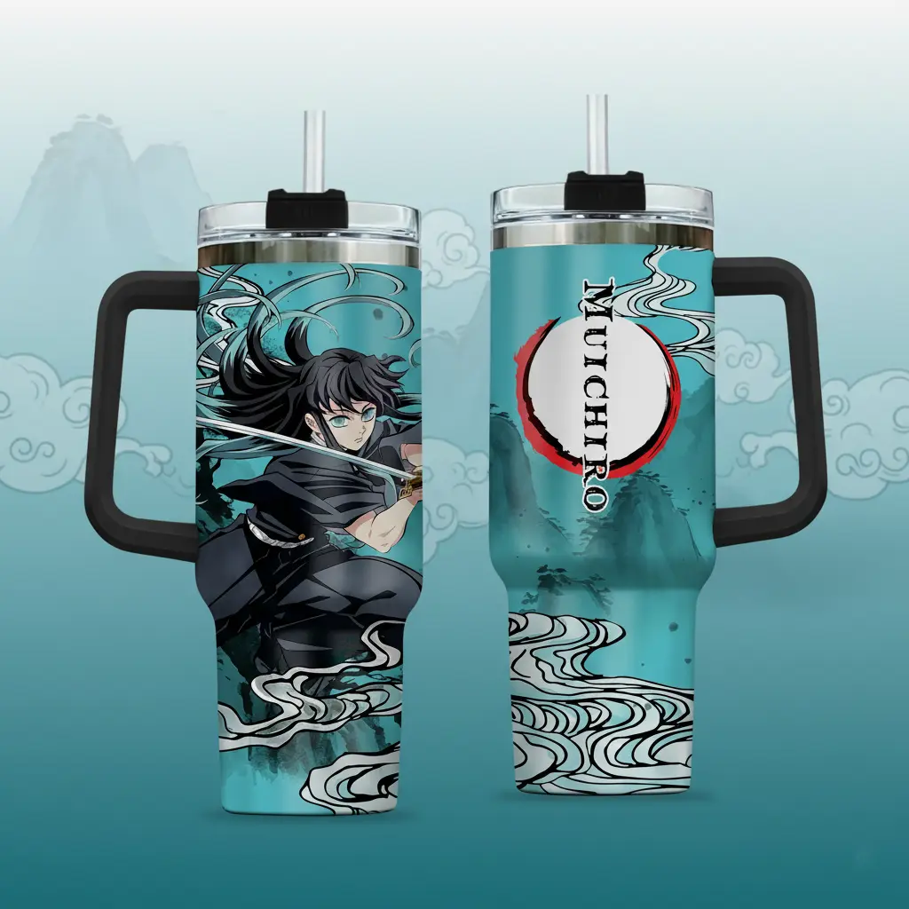 Classic Demon Slayer Muichiro Tokito 40oz Reusable Insulated Stainless Steel Tumbler Flask - Triple-Insulation, Smart 2-in-1 Lid, Handle, Leakproof Built-In Straw, Portable 1000-2000ml Refillable Drinkware for Road Trips, Premium Anime Fan Gift Merch, 40O