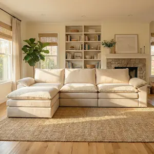 Ohllob 118" Cloud Sectional Couches for Living Room Convertible L-Shape Couch with Ottoman 3 Seater Modular Sectional Sofa Warm White No Assembly Required