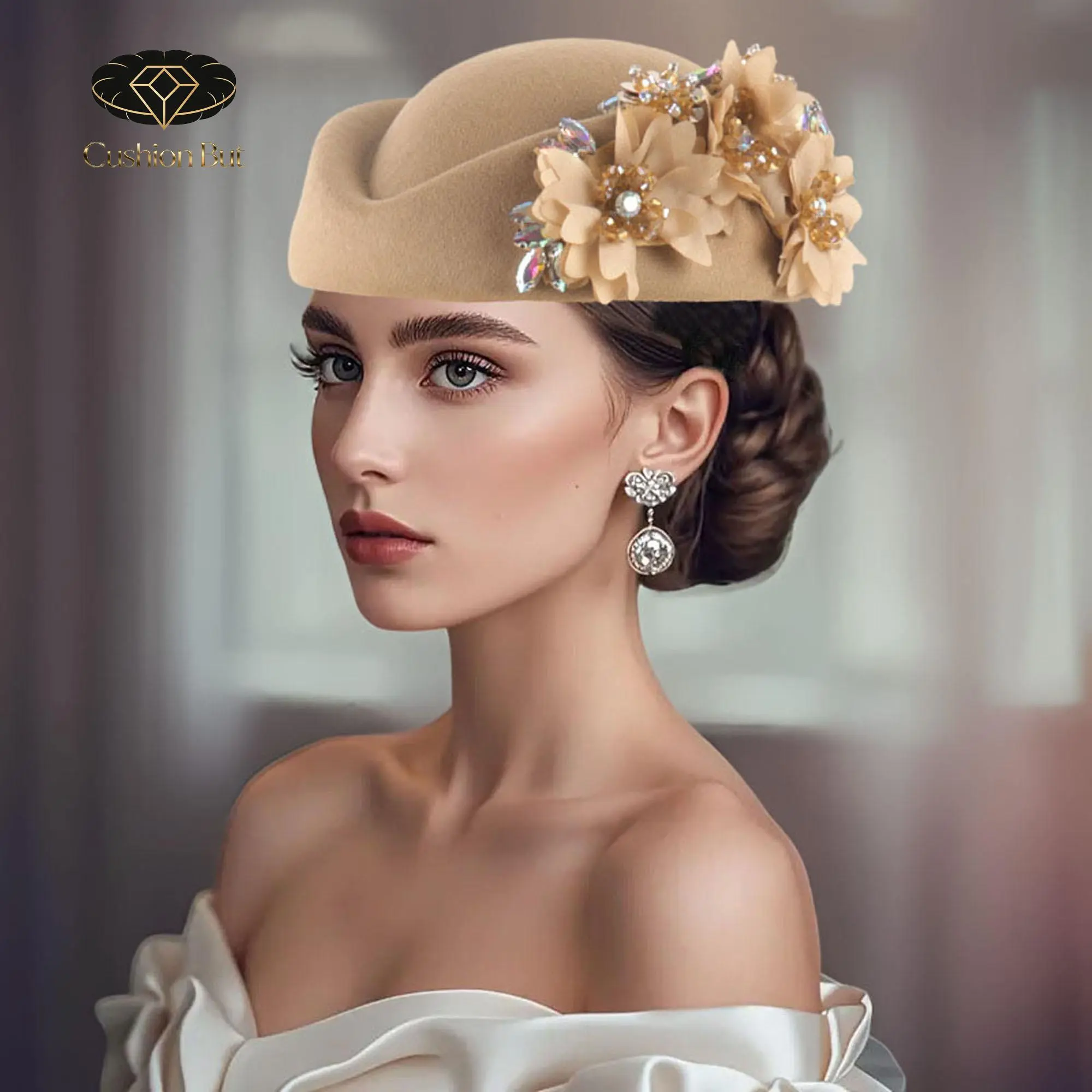 Women Pillbox Hat with Flowers Vintage British Style Derby Hats Felt Berets Fascinators Caps for Church Tea Party