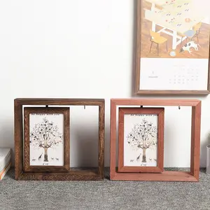 Creative Retro Rotating Photo Frame: Long Rectangle Solid Wood Double-sided Frame for Display