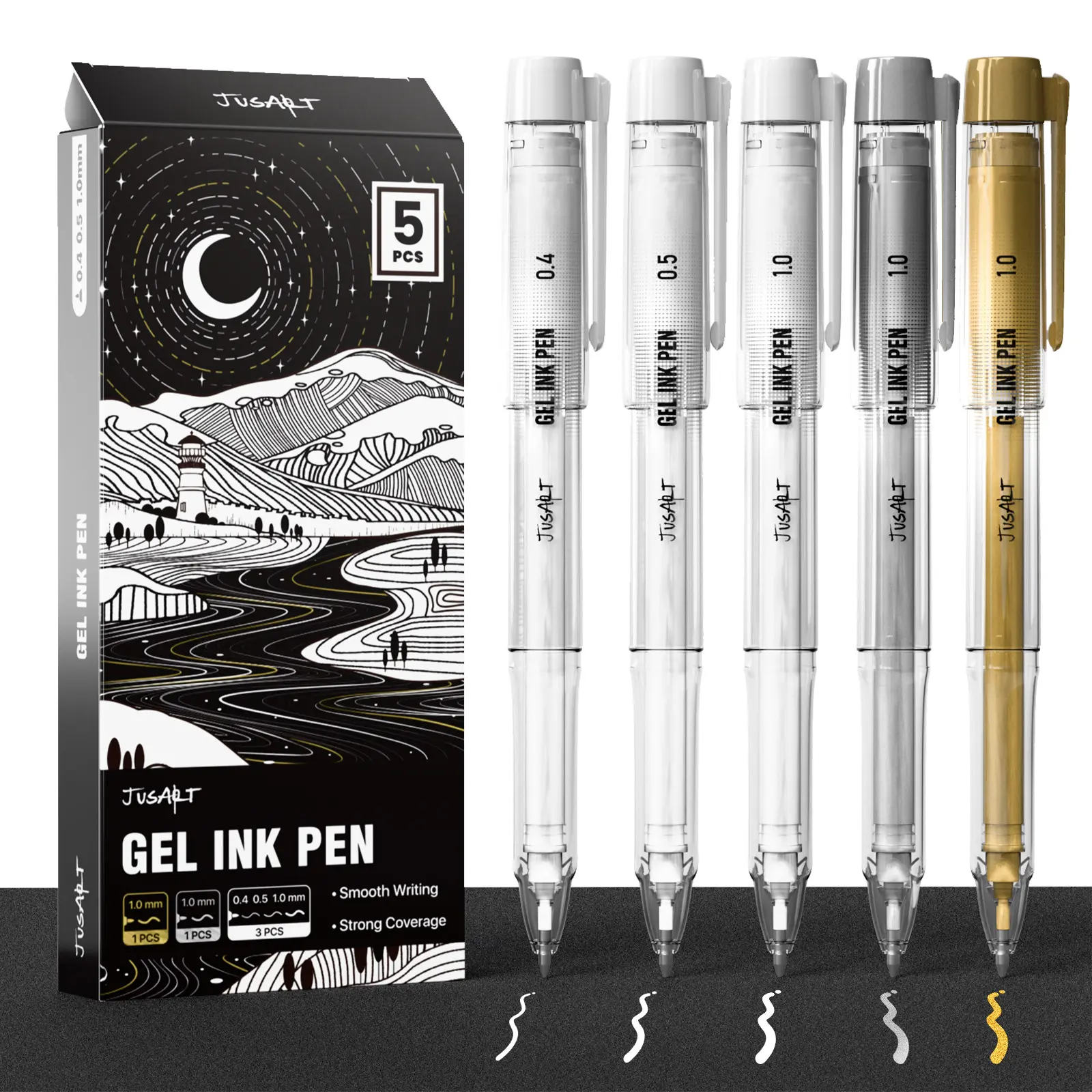 [JusArt] White Pen, Gold Pens & Silver Pen with 0.4mm, 0.5mm & 1.0mm Assorted Tips, Opaque Ink Pens for Black Paper, Journaling & DIY Crafts, Ideal Drawing Pens for Artists & Art Supplies, 5 Pack summerwins,back to school,back to school shopping