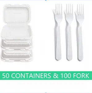 9X6 1-Compartment 50-Pack Plastic Clamshell Food To Go Box Containers Carryout  To Go Containers Microwave and Freezer Safe  | 100Pack Disposable Plastic Forks Bulk White Heavy Duty