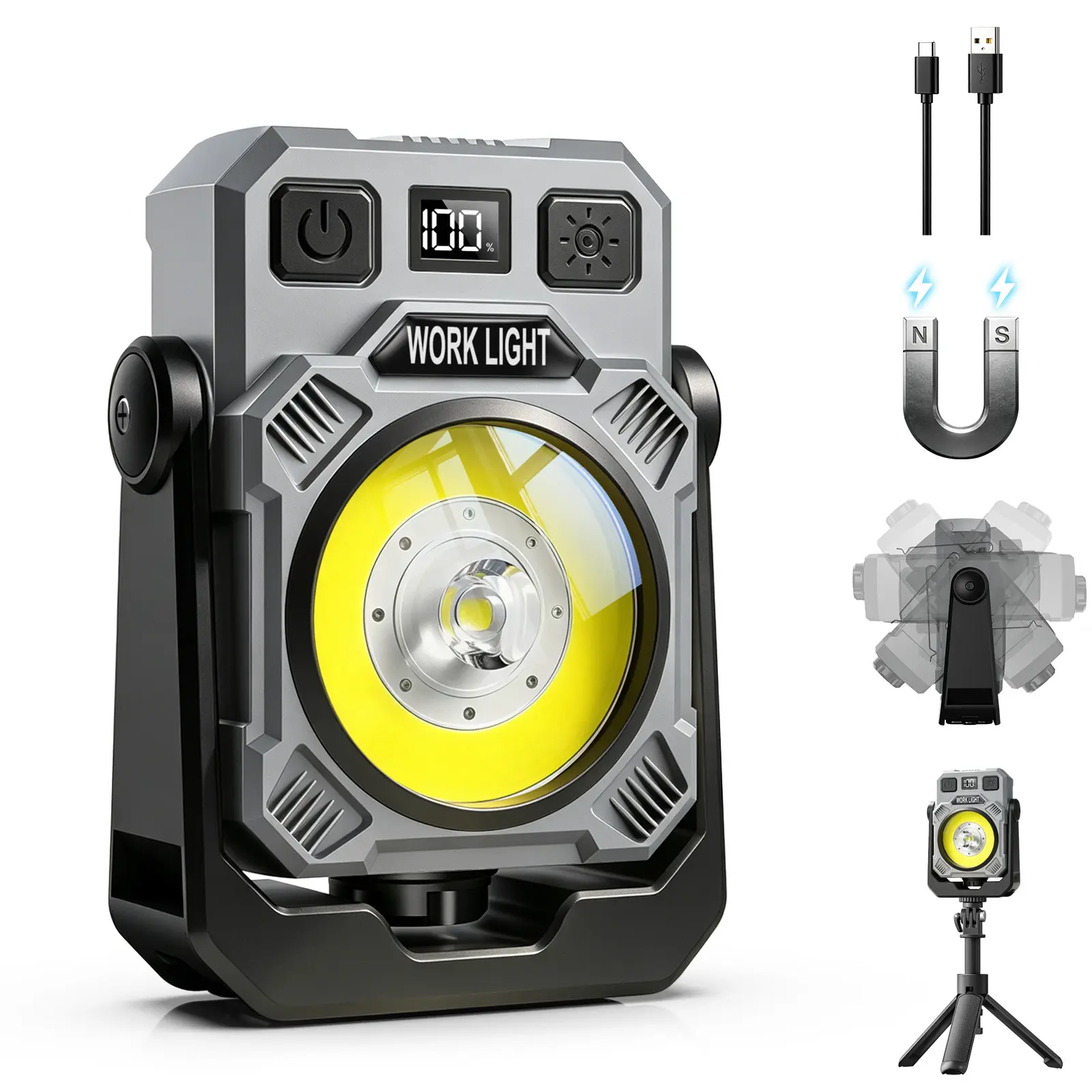 5200mAh Magnetic Rechargeable Work Light (5-50H Run Time), 2000LM LED Mechanic Light with Power Display, Stepless Dimming 360° Rotate Flashlight for Car Repair, Camping (2-Pack)