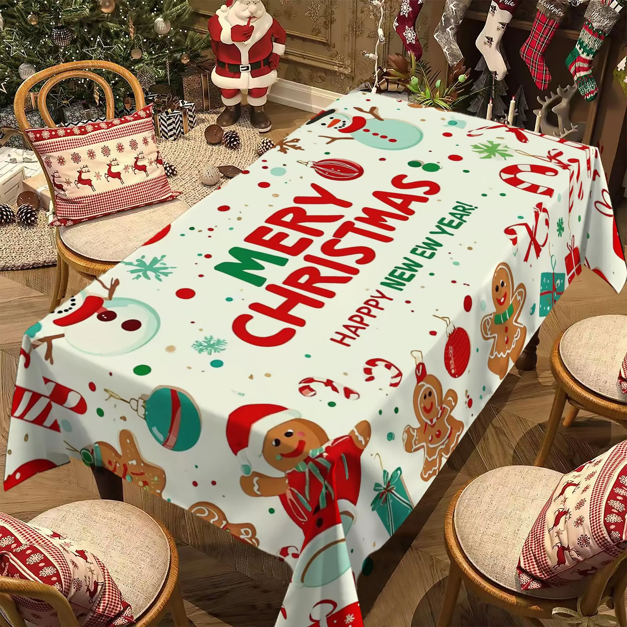 Rectangular Christmas Tablecloth, Snowman Gingerbread Man Design, New Year Party and Dinner Decorations, Best Christmas Gift