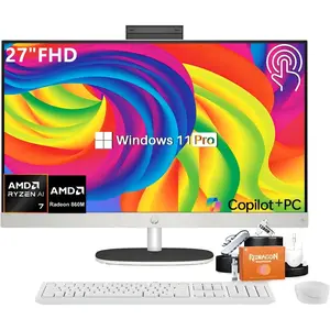 HP 27" All-in-One FHD Touchscreen Desktop Computer, AMD Ryzen AI 7 350(8-Core), 32GB/64GB DDR5, 2TB/4TB SSD, AMD Radeon 860M GPU, Wi-Fi 6, BT 5.4, Windows 11 Pro, Copilot+ PC, Wireless KB and Mouse