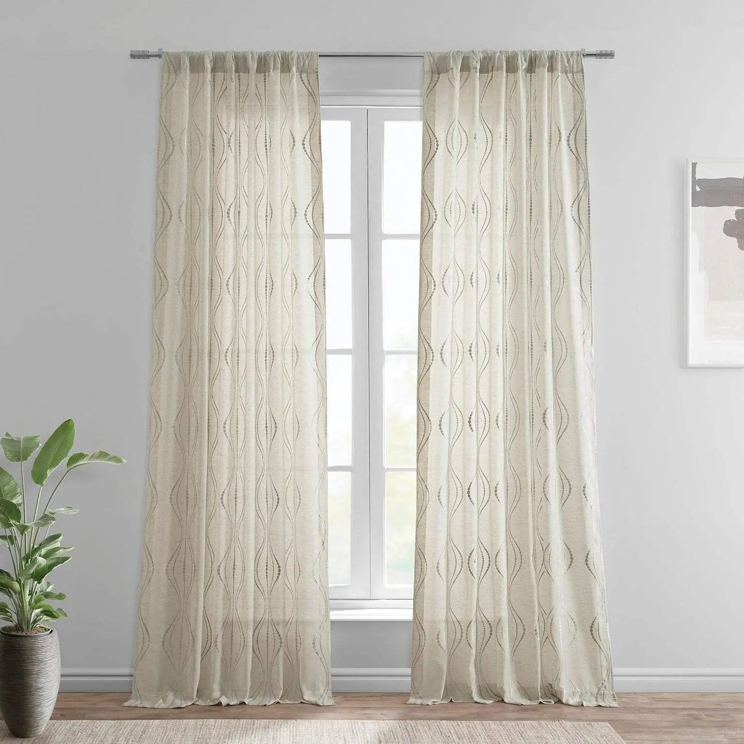 Half Price Drapes Suez Striped Embroidered Faux Linen Sheer Window Curtains - Durable Home Decorative Curtains for Bedroom, Home Decorative Curtain