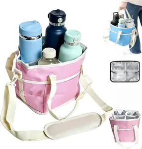 4-Compartment Insulated Drink Carrier Bag Leakproof Tumbler Holder with Adjustable Shoulder Strap & Handle Family Size Cup Tote for Travel Sports & Outdoor