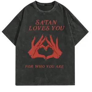 Men's Round Neck Short-Sleeve T-Shirt, Retro Edgy "Satan Loves You" Graphic Print, Loose Fit Distressed Menswear, Casual Y2K Streetwear, Ideal for Christmas Thanksgiving Gifts