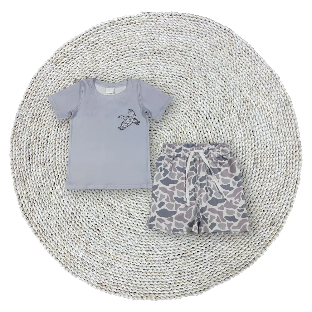Boys Kids Trendy Grey Old School Camouflage Short Sleeve Bird Tee Shirts Soft Stretchy Shorts Kids Casual Outfits