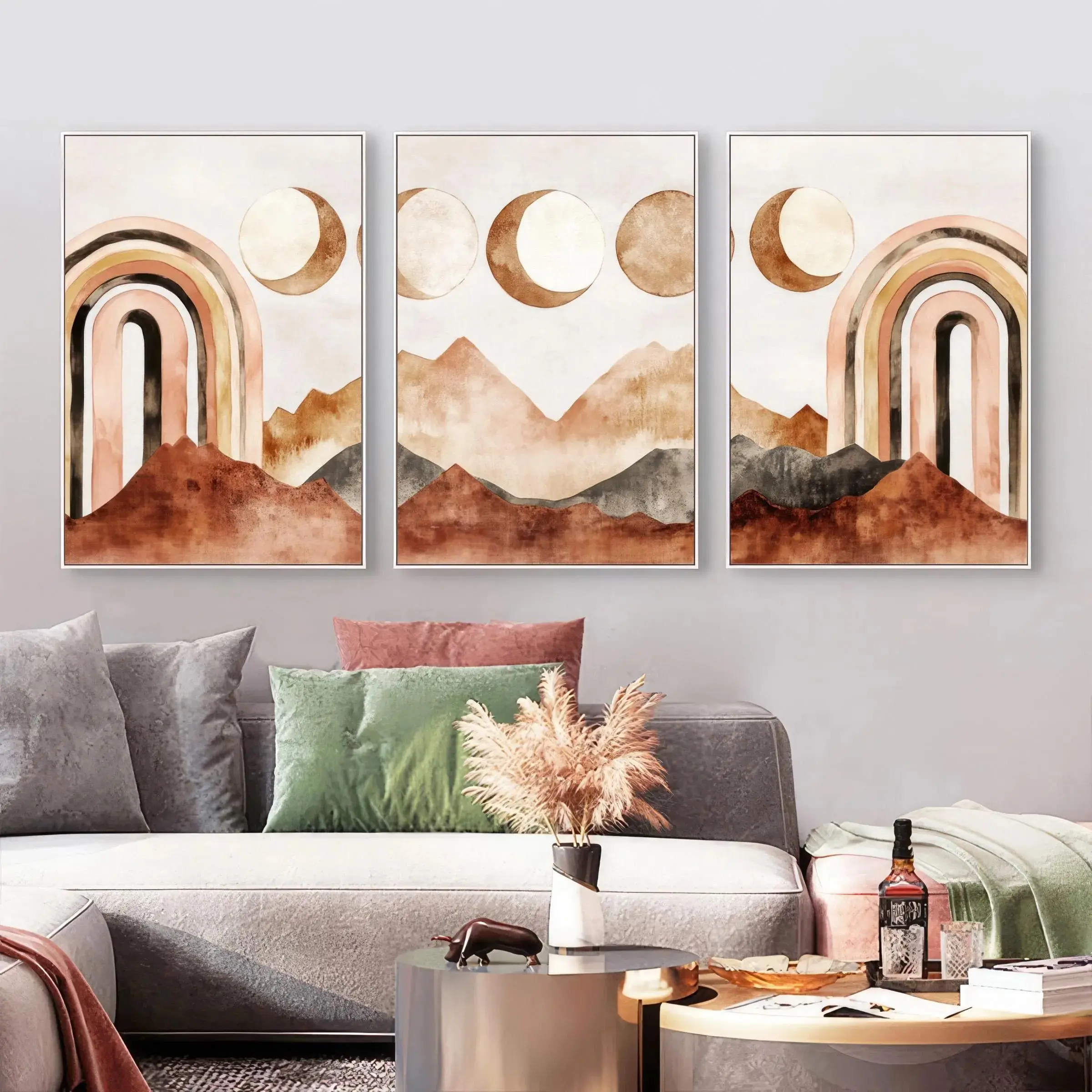 Bohemian Rainbow Wall Art Print Set, Abstract Mountain & Moon Triptych, Clay Color Nursery Decor, Modern Watercolor Gallery Kit