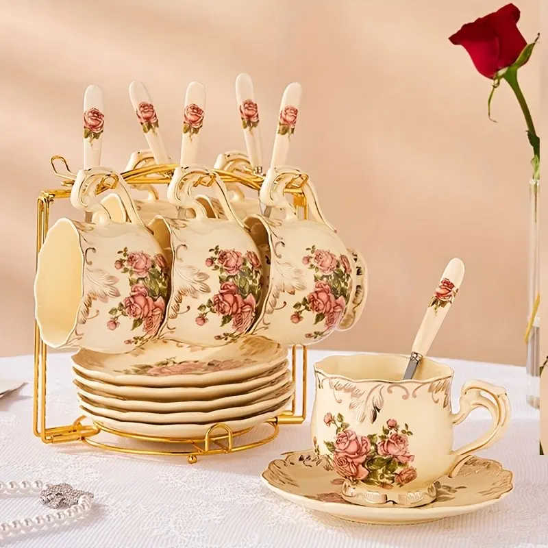 19pcs 250ML Ceramic Coffee & Tea Set, European Luxury Aesthetic Floral Design, Accents, High-End Multi-Piece Tea Service, Ceramic Cup, Cups and Saucers, Beverage Cup Set