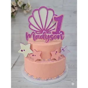 Personalized 3D Seashell Cake Topper Set - Glitter, Starfish Decor for Mermaid Birthday Parties, Festive Cake Decorations
