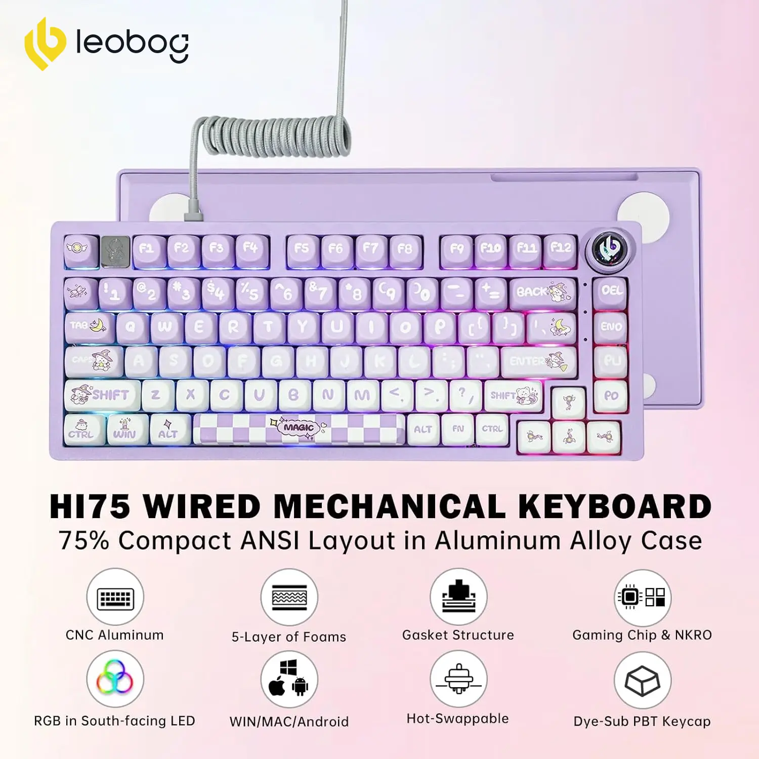 LEOBOG Hi75 Wired Gaming Keyboard, Aluminum Alloy Mechanical Keyboard, Programmable Custom Keyboard with Mode-Switching Knob, Hot Swappable, RGB Backlit, Reaper Switch