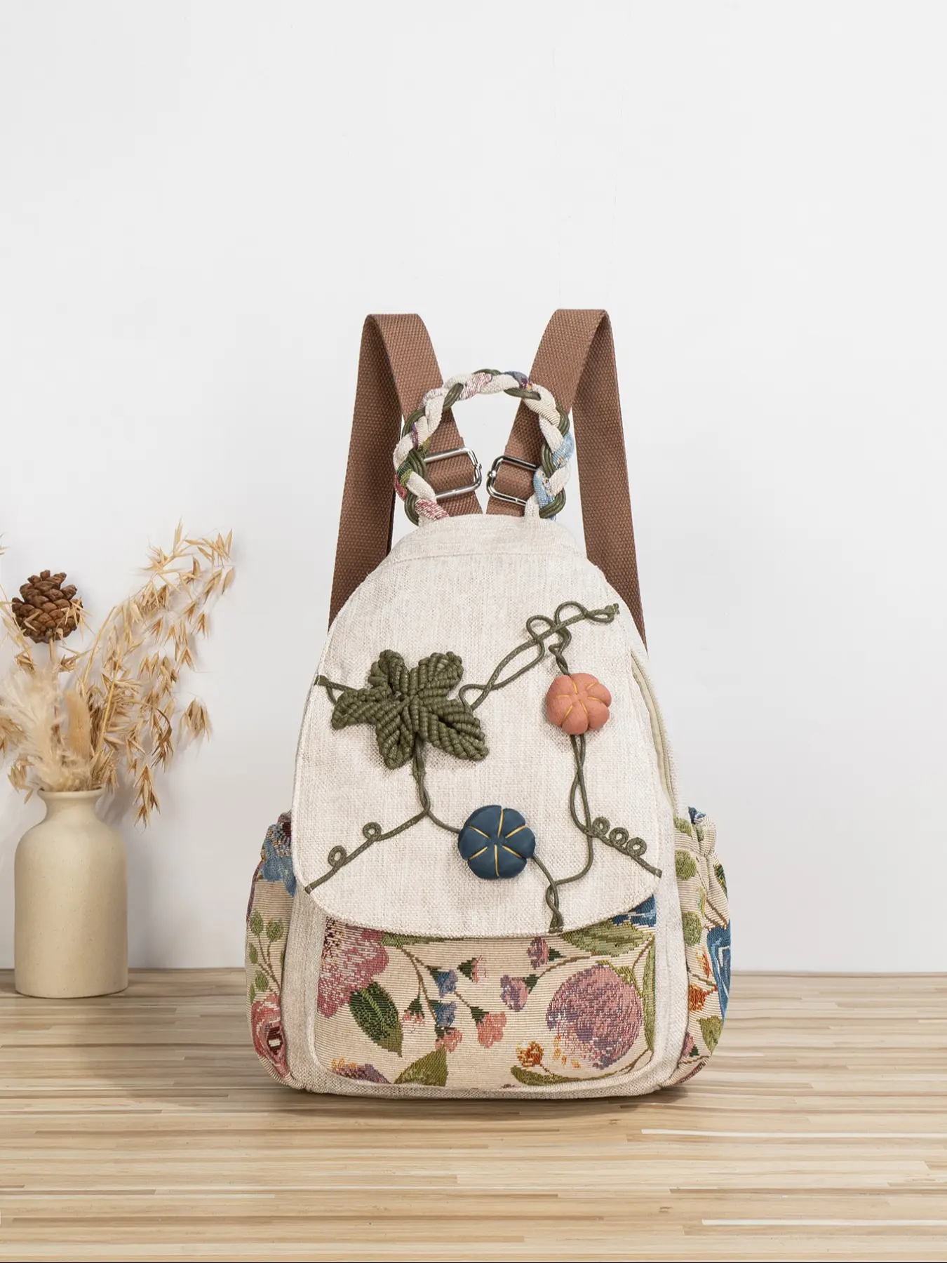 Boho Ethnic Style Handwoven Flower Pumpkin Ball Floral Round Backpack, Large Capacity Multi-Pocket Fashion Bag, Random Cut Design, Casual Daypack, Stylish Casual Daypack, Casual Daypack Backpacks