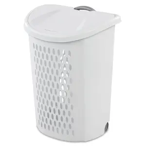 Large White Plastic Hamper with Rolling Wheels, Perfect for Laundry and Household Organization
