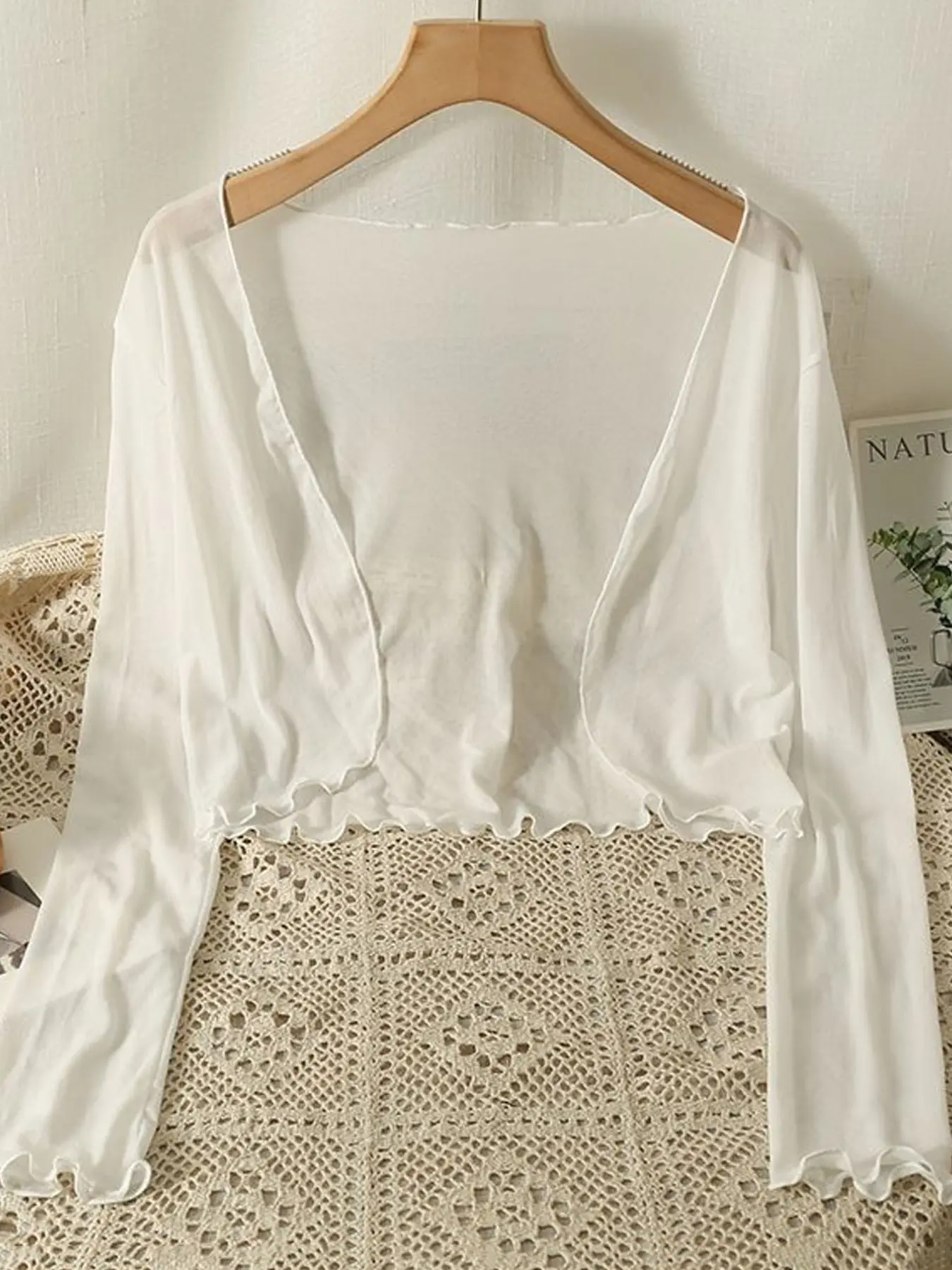 Women's Ruffled Casual Sweet Sun Protection Cardigan, Summer Thin Lightweight Shawl Mesh, Long Sleeve Air Conditioning Shirt, Camisole Dress Outerwear