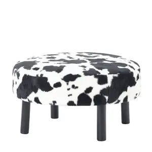 27.56 Inch Round Faux Rabbit Fur Ottoman, Soft Upholstered Footrest Stool with Sturdy Solid Wood Legs, Multifunctional Comfort Extra Seat Foot Stool for Living Room Bedroom Home Office Decor
