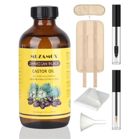 MUZAMOX 6-in-1 Jamaican Black Castor Oil Complete Pack Kit - 8oz Organic Unrefined Cold Pressed Moisturizing Body Oil, BPA-Free Amber Bottle, Organic Cotton Wraps, Lash Brush, Haircare & Eyelash/Brow Tools, Complete Pack for Face, Body, Brows