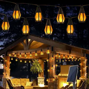 Halloween Decorations Lights, Solar String Lights for Outside, 33Ft Solar Patio Light with 15 Flickering Flame Bulbs, Flexible Installation, Waterproof Solar Powered Outdoor Lights with Solar Panel for Garden Yard Patio Gazebo Party Decor