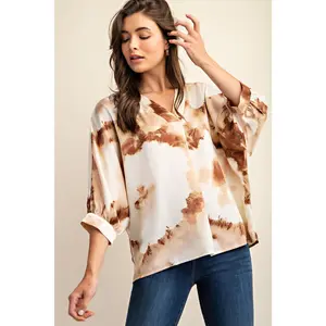 Mocha Tie Dye Loose Fit Satin Printed Blouse Casual Fabric Light Shirts Top Women's Elegant Chic V-Neck Polyester Garments Classy Womenswear Aesthetics Lightweight Piece Trouser for Autumn Drape Elegance