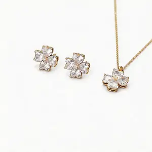 Cherry Blossom Clover Jewelry Set| 14K Gold Plated Ice Crystal Zircon Earrings & Necklace, Hypoallergenic, Perfect for Daily Wear, Weddings & Parties, Trending 2026 Aesthetic Gift for Women