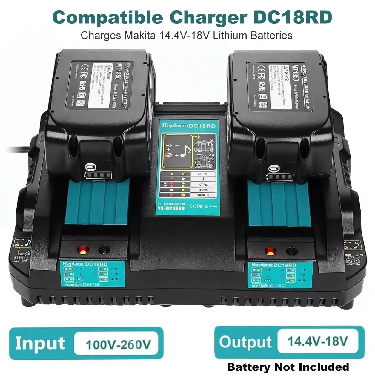 DC18RD Dual-Port Power Tool Charger for Makita 18V LXT Batteries (BL1830, BL1860, BL1840) - 100~240V, Smart LED Indicator, Cooling System, High-Quality, 1*Charger (No Battery), Lithium Replacement Compatible, Power Tools Charger
