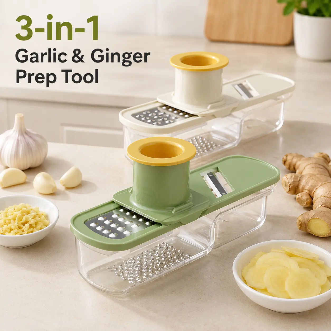 **3-in-1 Garlic & Ginger Grater Slicer Grinder with Hand Guard and Storage Container, Stainless Steel Manual Vegetable Shredder Kitchen Prep Tool for Garlic, Ginger, Potato & More**