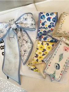 Women's Silk Scarf & Hair Accessories Set, Blue Floral Print Headband, Hair Tie, Multi-Purpose Bandana Turban for Daily Use, Multifunctional Headscarf, Square Scarf, Head Scarf Turbans