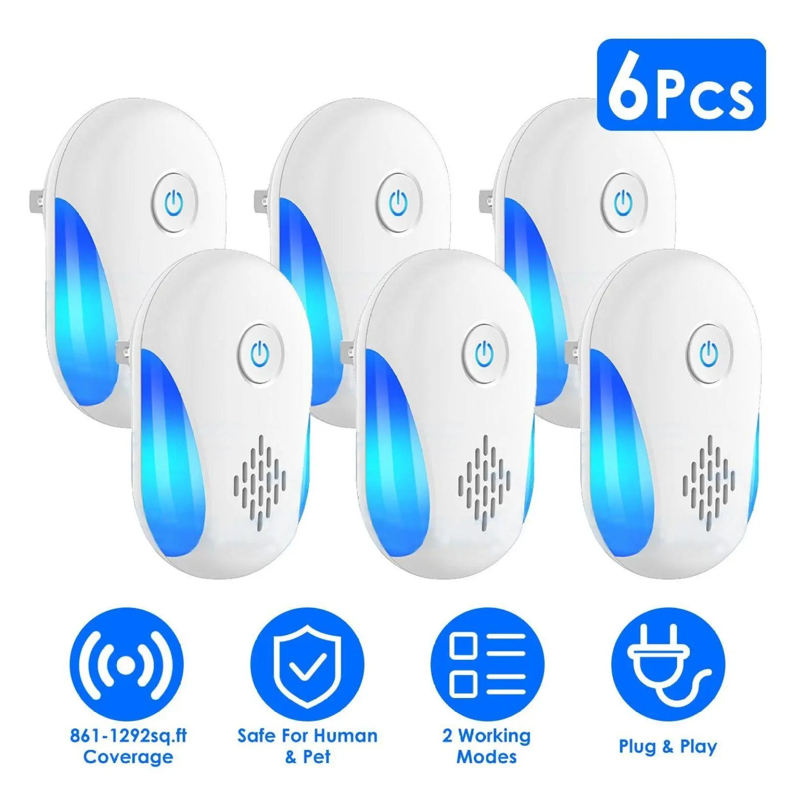 6-Pack Ultrasonic Pest Repeller with Dual-Frequency Technology, Chemical-Free Solution for Home Rodent, Mosquito, Cockroach Control, Compact Size, Energy-Efficient Operation, Pet & Kid-Safe Indoor Repellent