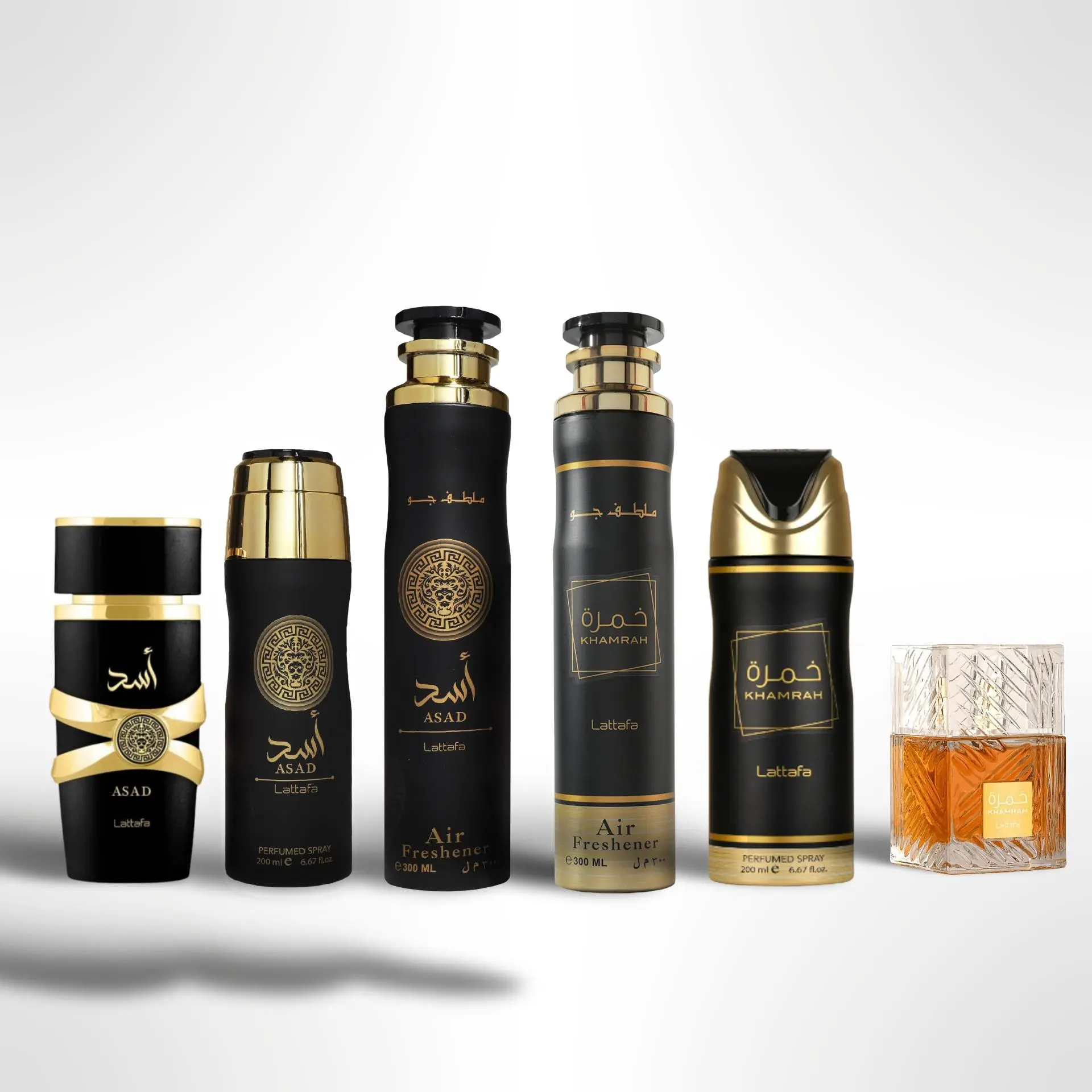 Lattafa Men's 6PC Fragrance Gift Set - Asad & Khamrah EDP Spray, Deodorants, Room Air Fresheners with Long Lasting Arabic, Woody Aromatic, Spicy Woody Burst Aroma, Long Lasting Fragrance
