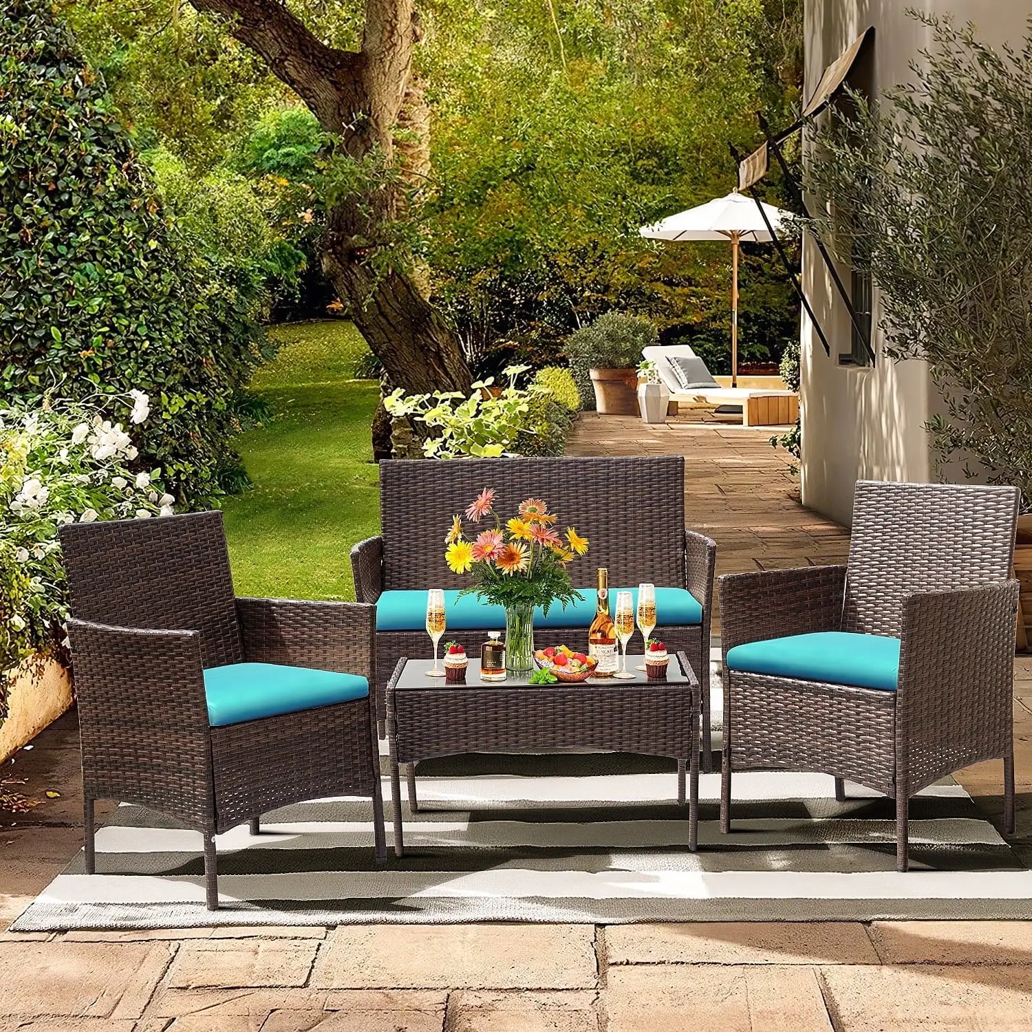 【Springtok】Homall 4 Piece Outdoor Patio Furniture PE Rattan Wicker Table and Chairs Set with Cushions