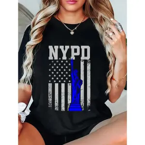 100% Cotton NYPD New York Police Department Statue Of Liberty Distressed T-Shirt Summer, Cotton, Casual, Short Sleeve, Graphic Tee, Soft, Breathable, Loose Fit, Streetwear, Daily Wear, T-Shirtt