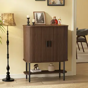 Vabches Coffee Bar Cabinet with Storage, Fluted Wine Cabinet with Sliding Doors, Glass Holder and Wine Rack, Buffet Sideboard Liquor Cabinet for Kitchen, Dining Room, Living Room