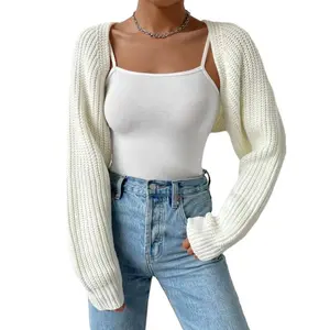 Women's Open Front Cropped Cardigan Long Sleeve Solid Color Ribbed Knit Shrug Sweater Bolero Tops